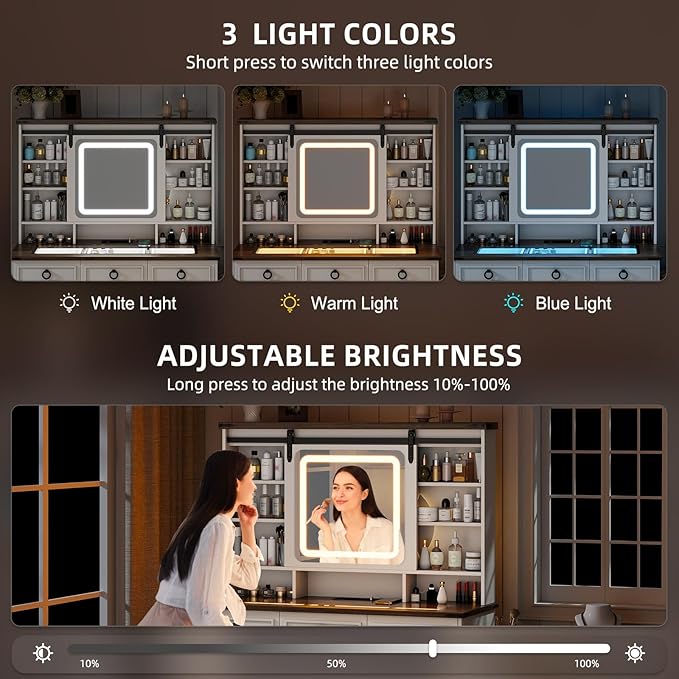 60" W Farmhouse Makeup Vanity Desk with Sliding Mirror and Lights, Charging Glass Top Large Vanity Table with Jewelry Storage,Vanity Set with 6 Drawers,10 Shelves,Side Storage Cabinet,White