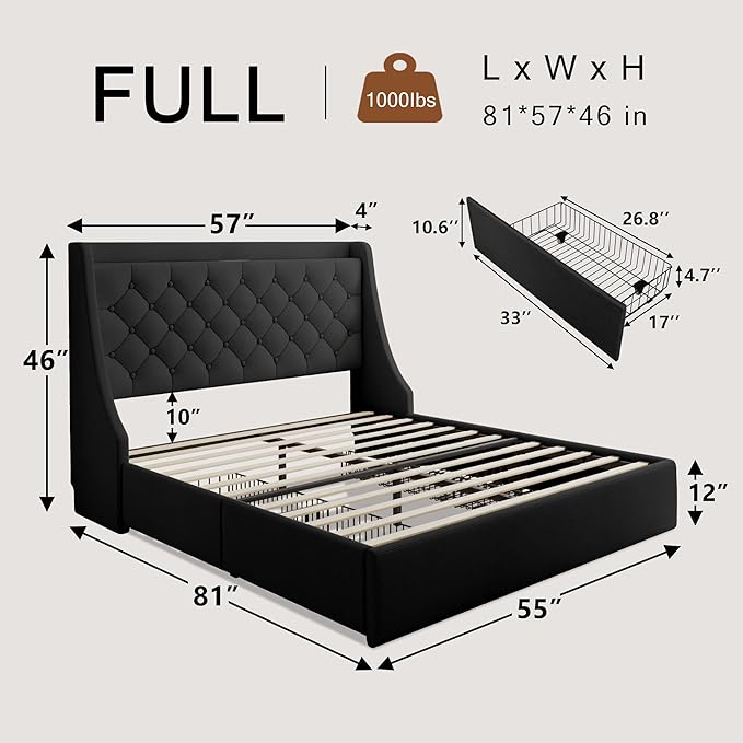 Upholstered Full Size Bed Frame with 4 Storage Drawers, Platform Bed with Large Wingback Headboard, Charging Station, No Box Spring Needed, Easy Assembly, Black