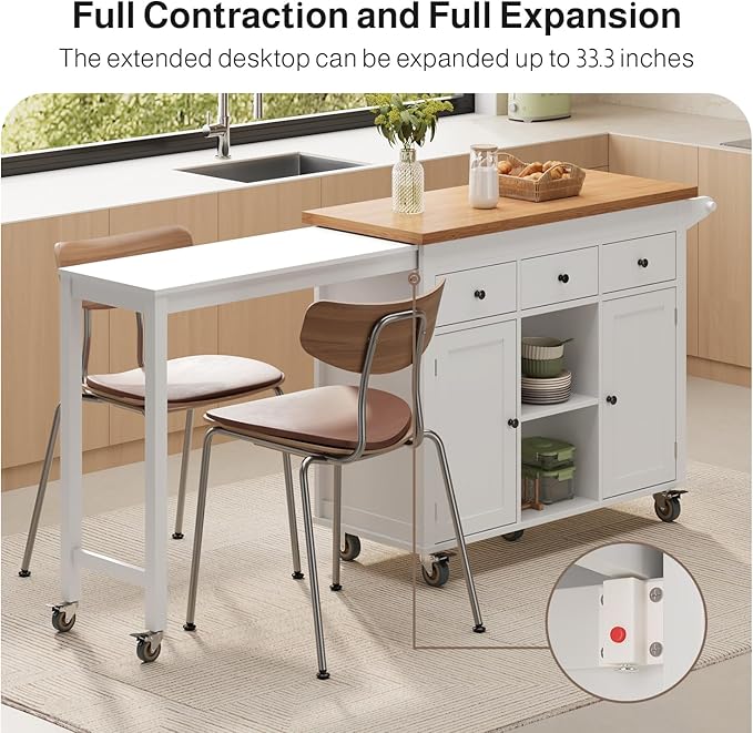 Ahomly Kitchen Island with Extendable Table for 2, 79.06" Extendable Kitchen Island Cart on Wheels with Storage Cabinet & 2 Open Shelves, Island Table for Kitchen with 3 Drawers, White
