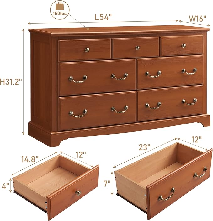 Farmhouse Dresser for Bedroom, 54" Modern 7 Drawers Dresser with Vintage Styles Pulls, Wood Rustic Closet Chest of Drawers for Living Room, Hallway, Cherry