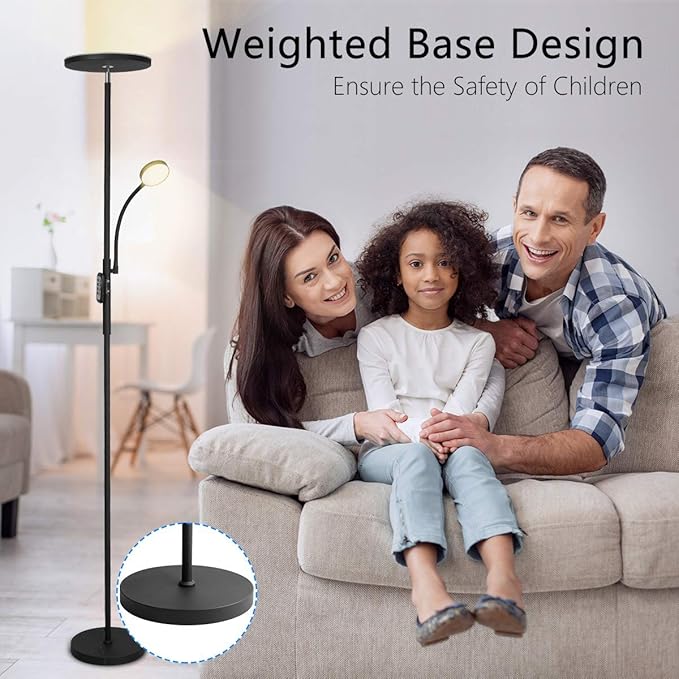 Led Floor Lamp Torchiere Floor Lamp with Adjustable Reading Lamp,2000lumens Main Light and 400lumens Side Reading Light for Living Room, Bedroom, Office, Work with Remote Control, Matte Black