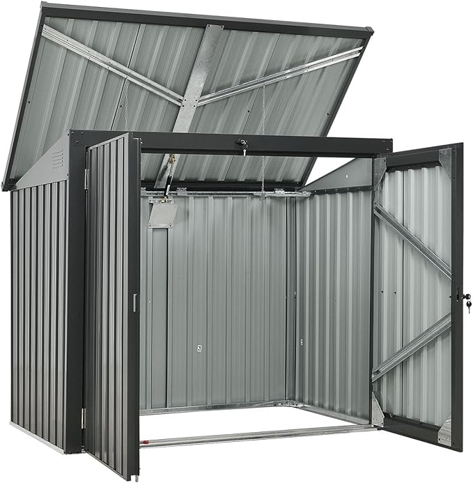 Hanover Outdoor Storage Shed for Trash and Recyclables, Pent Roof, Galvanized Steel, 2-Point Locking System, Stores 2 Trash Cans, 3.3-Ft. x 5.2-Ft. x 4.4-Ft., Dark Gray Trash Can Storage