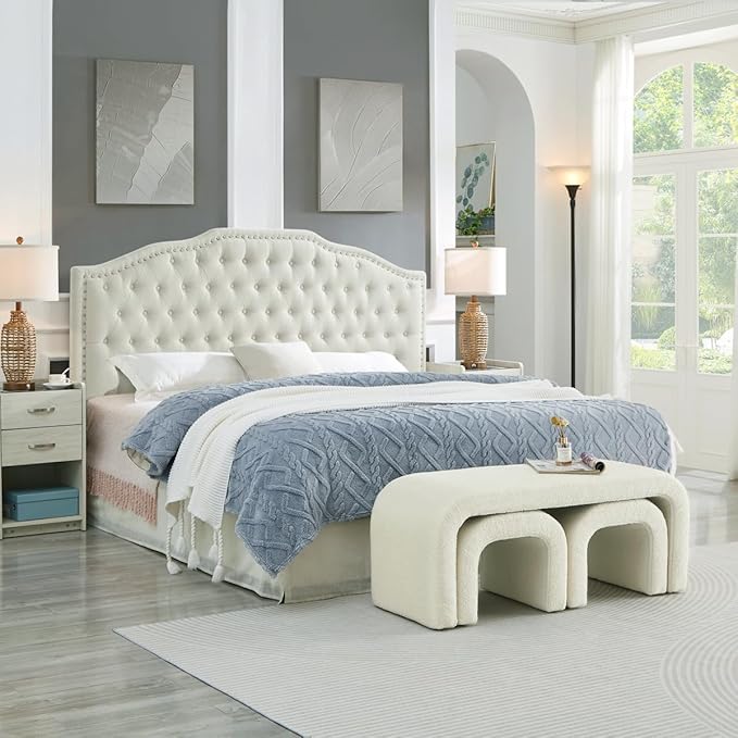 24KF Upholstered Button Tufted King Size Headboard with Nailhead Trim, Elegant Boucle Fabric California King headboard, 6031-K-Boucle-Beige