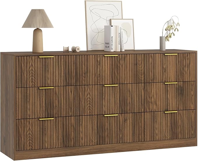 9 Drawer Dresser for Bedroom with Deep Drawers, 63" Wide Wood Dresser, Large Floor Chest of Drawers, Modern Long TV Stand, Mid Century Storage Cabinet Side Table, Natural