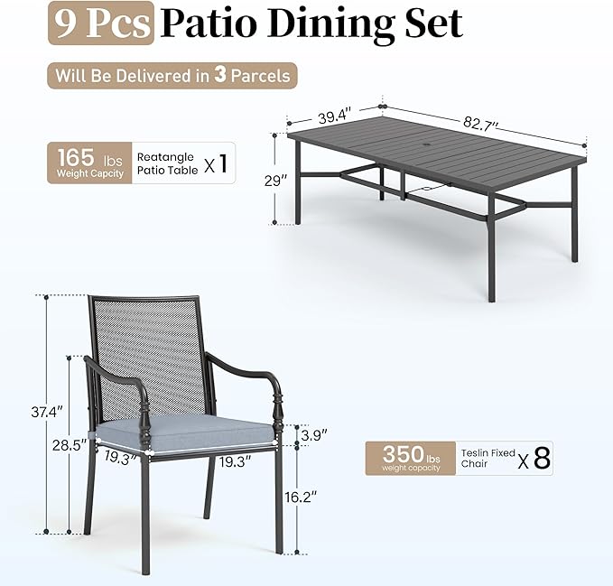 Patio Table and Chairs Set of 8, All-Weather Breathable Metal Mesh Patio Chair with Gourd-Shaped Armrests, 83x39 Rectangle Table with Umbrella Hole, 9 Pcs Metal Frame Patio Dining Set