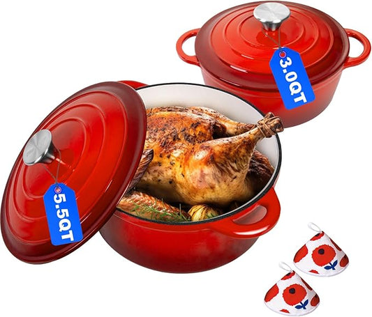 Romswi Enameled Cast Iron Dutch Oven Set - 3qt & 5.5qt Dual Combo - 7-Layer Professional Grade Dutch oven pot with lid - Oven Safe for Braising, Stews, Roasting, Bread Baking - Red Bread Dutch Oven