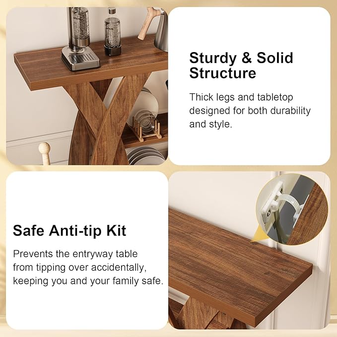 Console Tables, 55-Inches Walnut Console Table with Storage 3-Tier Farmhouse Narrow Entryway Table for Living Room, Hallway, Foyer(Brown)