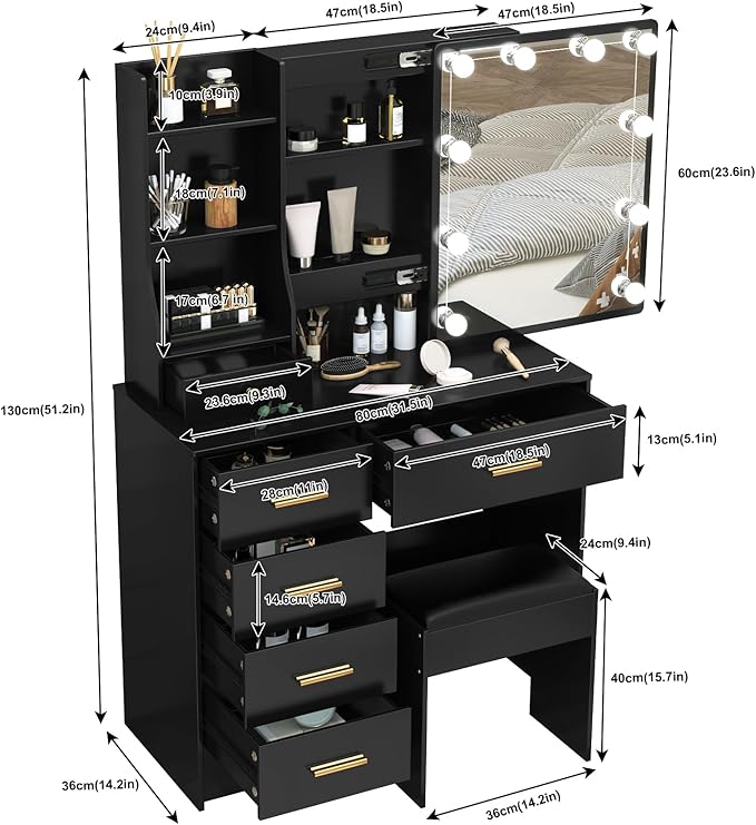 Vanity Desk with Sliding Mirror and Lights, Small Makeup Vanity Table Set with Chair and Drawers, Black Vanity with Lighted Mirror for Bedroom, Dressing Table for Teen Girls and Women