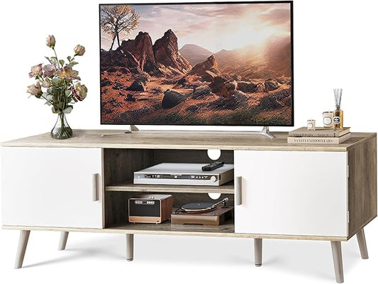 SUPERJARE TV Stand for 55 Inch TV, Entertainment Center with Adjustable Shelf, 2 Cabinets, TV Console Table, Media Console, Solid Wood Feet, Cord Holes, for Living Room, Bedroom, Gray and White