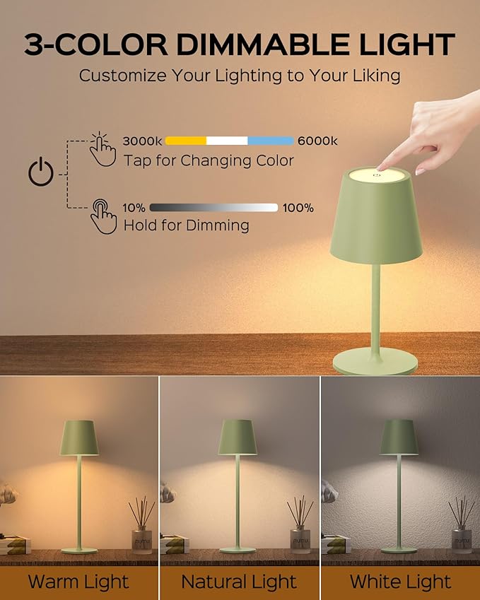 Cordless Table Lamps Rechargeable, 3 Adjustable Height, 5000mAh Battery Operated, 3 Colors Smooth Dimming, Portable LED Waterproof Table Lamp for Kitchen, Bedroom, Outdoor (2 Pack-Mint Green)