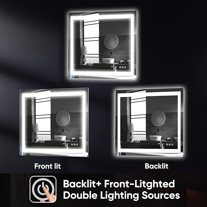 Antok 36"x 36" LED Bathroom Mirror with Lights, Anti-Fog, Dimmable, Lighted Vanity Mirror with Tempered Glass, Memory Function, 3 Light Modes, Safe Use, Horizontal, Vertical