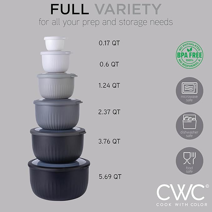 COOK WITH COLOR Prep Bowls with Lids- Wide and Deep Nesting Plastic Small Mixing Bowl Set with Lids, 12 Piece Set - Deep Bowls, Black/White