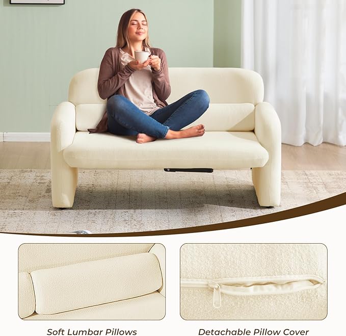 Furnimart Modern Loveseat Sofa, 54" 2-Seater Boucle Sofa, Comfy Upholstered Minimalist Couch, Small Couches for Small Spaces, Apartment, Office, Living Room, Bedroom, Dorm, Chenille White