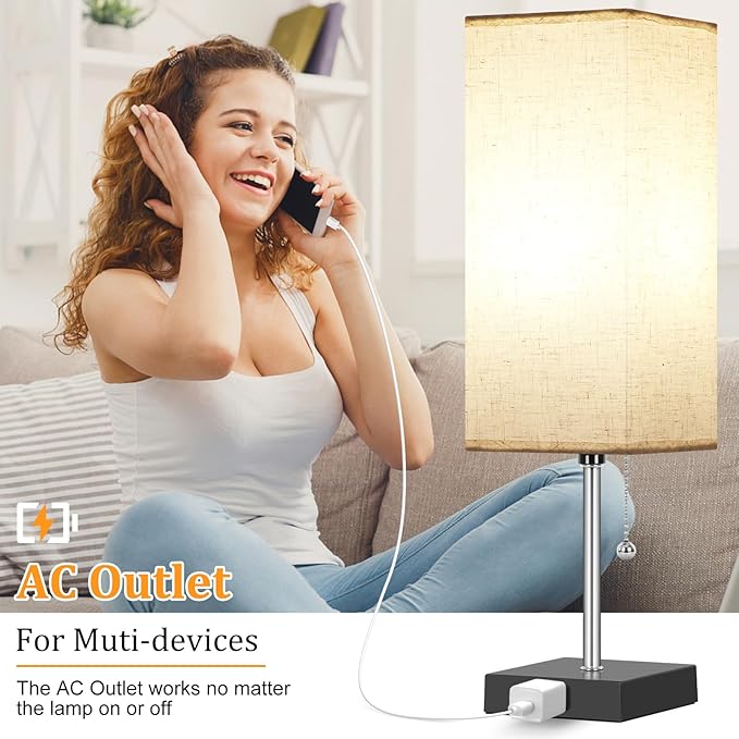 Table Lamp for Bedroom set of 2,3-Color Bedside Lamps with Pull Chain Table Lamps for Nightstand with AC Outlets,18'' Night Light Lamps with 2 Bulb Lamps for Living Room Kids Office Decor（Black+Cream）