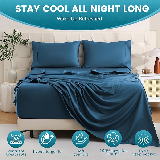 Bedlifes King Sheet Set, Extra Deep Pocket 18-24 Inches,1000Thread Count 100% Egyptian Cotton, Soft and Breathable Sateen 4-Piece,Navy