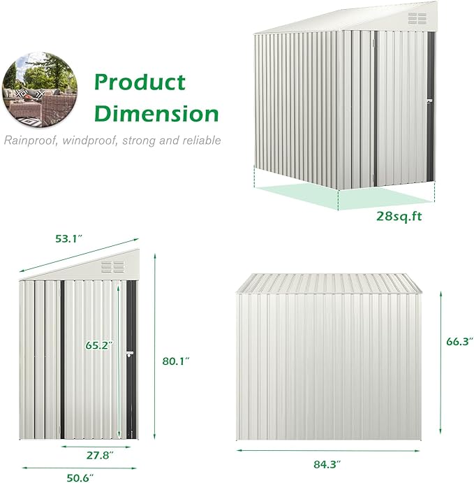 AECOJOY Shed Outdoor Lean to Storage Shed, 4.2' x 7' Small Metal Wall Side Door Sheds & Outdoor Storage, Outdoor Storage Cabinet for Garden, Backyard and Outdoor Use in White