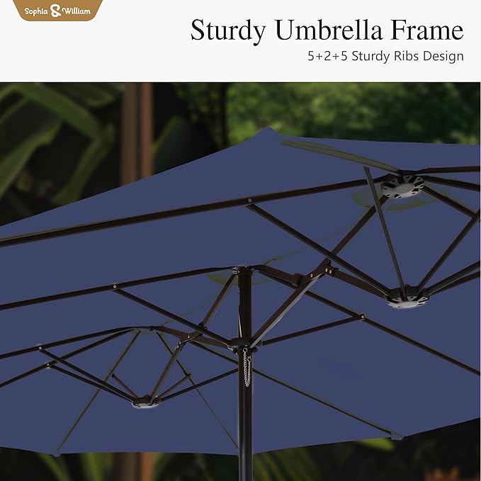 Patio Outdoor Table and Chairs Set with Umbrella Navy, Patio Dining Sets for 6, 7 Pieces Patio Table Set Clearance for Backyard Deck Porch Outside, Metal Table with Hole & Cushioned Rattan Chairs
