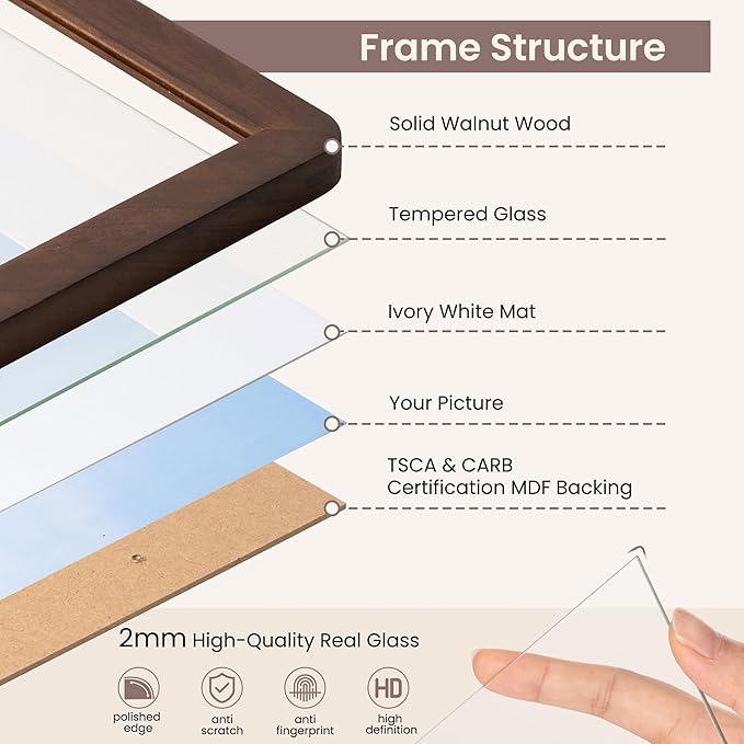 16 x 20 Picture Frame - Solid Walnut Wood 16''x20'' Poster Frame, 16 x 20 Picture Frame With Mat For 11x14, Tempered Glass and Hanging Hardware Included, 20 x 16 Frame Wood, Natural Walnut