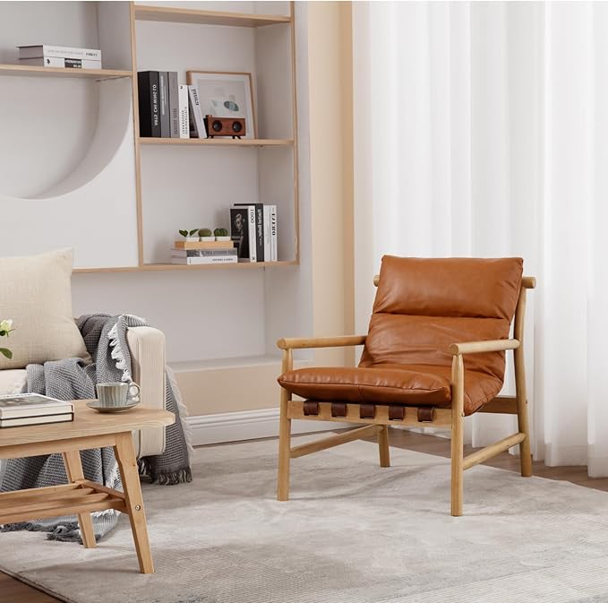 Modern Faux Leather Accent Chair, Solid Wood Lounge Chair with Removable Cushion, Low Back Reading Chair for Living Room/Bedroom/Balcony, Brown Sofa Armchair (Easy Assembly)