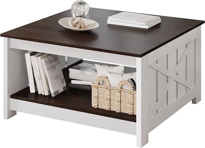 YITAHOME Farmhouse Coffee Table with Storage, 2 Tiers Rustic Wood Cocktail Table, Square Coffee Tables for Living Meeting Room with Half Open Storage Compartment, Deep Brown