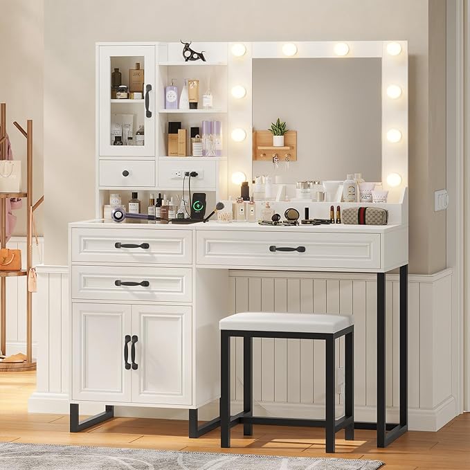 Makeup Vanity Desk with Mirror and Lights & Stool, Glass Top Vanity Table Set with Charging Station, 4 Stoarge Drawers & Double-Door Cabinet, Modern White & Black