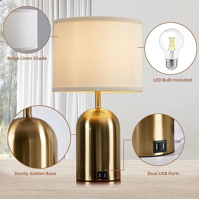 GyroVu Touch Control Table Lamps Set of 2, Bedside Table Lamps for Bedrooms Set of 2 Modern Living Room 3 Way Dimmable Gold Bedside Lamp for End Table with 2 USB Charging Ports, 2 Bulbs Included