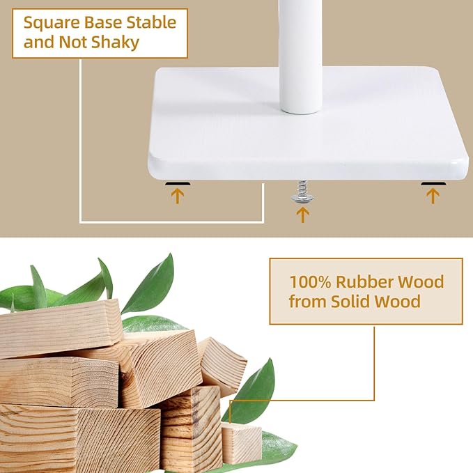 Yawinhe Coat Rack, Sturdy Woode Stand Tree with 8 Hooks, 3 Adjustable Height for Bedroom, Hallway, Entrance, Office, 11.8 x 70.8 inches, White, 1-Pack, Square Base