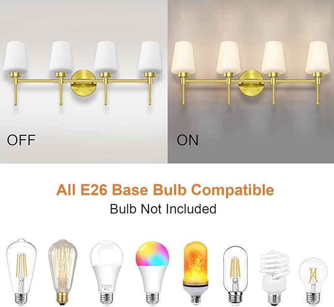 New Bathroom Vanity Light Fixtures 3 Lights Brushed Brass Glass Shade Modern Wall Bar Sconce Over Mirror (Brushed Brass, 4T)