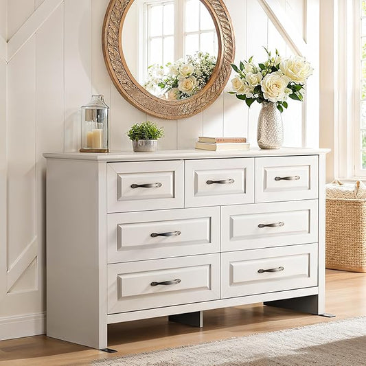 Amada Farmhouse 7 Drawer Dresser for Bedroom, 47.2 Inch Wide Wood Dresser with Natural Texture, Large Drawers, Rustic Farmhouse Chest of Drawers for Bedroom, Living Room, Hallway, White