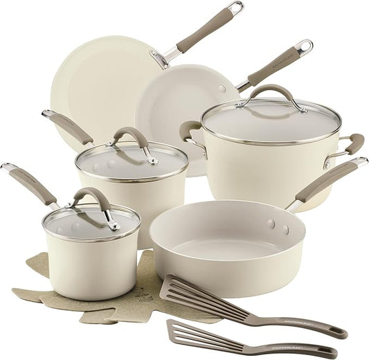 Rachael Ray Cucina Ceramic Cookware Set - 13 Pieces - Ceramic Pots and Pans Set w/Nonstick Frying Pans, Saute Pan, Saucepans, Stockpot, Lids, Pan Protectors & Cooking Utensils - Almond