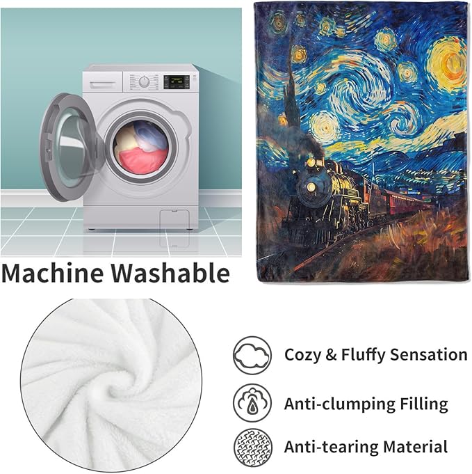 Starry Night Train Flannel Blanket, Train Gifts, Artistic Train Blanket for Women, Soft Lightweight Throw Blankets for Bed Home Travel Decor 60" x 80"