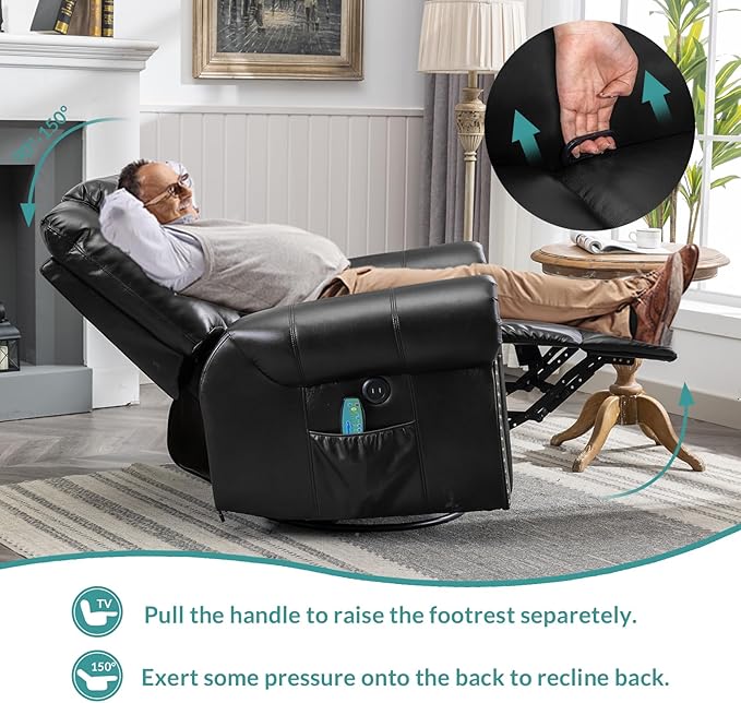 MEETWARM Massage Swivel Rocker Recliner with Heat and Vibration, Manual Glider Rocking Recliner Chair, 360°Swivel Lounge Reclining Chair with Remote Control/USB Ports for Living Room(Black)