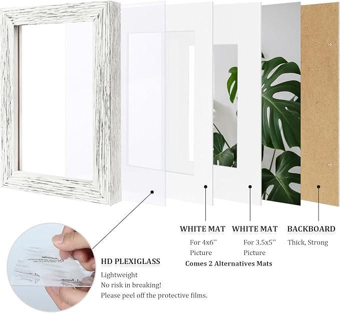 Egofine 5x7 Picture Frames Made of Solid Wood with Plexiglass, Display Pictures 3.5x5/4x6 with Mat or 5x7 Without Mat for Tabletop and Wall Mounting, Driftwood White