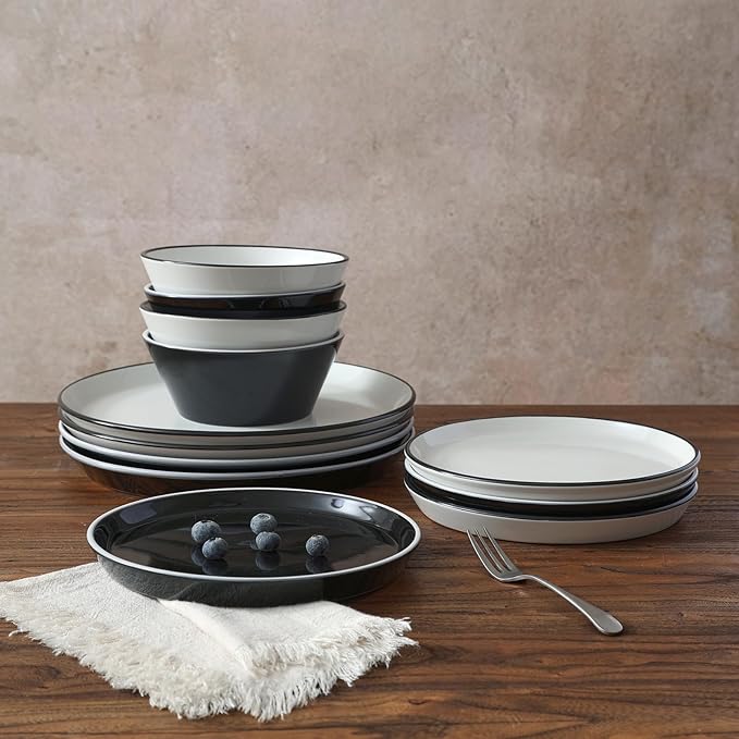Famiware Saturn Dinnerware Sets, Plates and Bowls Sets for 4, 12 Pieces Stoneware Dish Set - Chip and Scratch Resistant, Microwave and Dishwasher Safe Tableware Set, Black and White with Rim