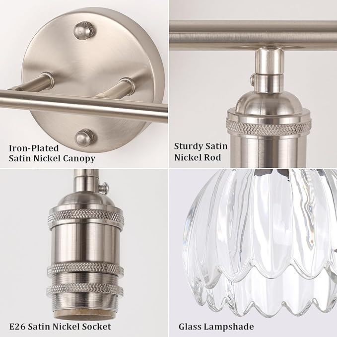 Bathroom Light Fixtures, 2-Light Vanity Wall Light Over Mirror with Clear Tulip Glass Shade for Bedroom Living Room, Satin Nickel