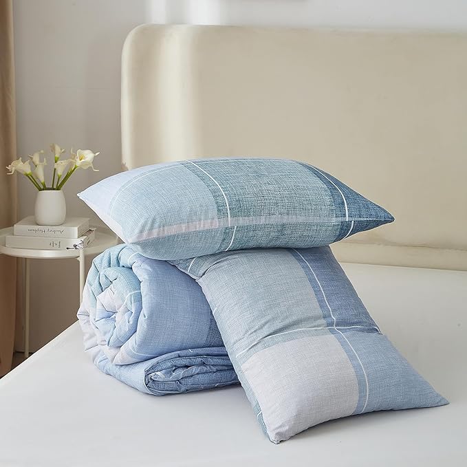 mixinni Full Comforter Set for Boys Simple Style Modern Geometric Blue Checkered Plaid Printed Cofmorter for All Season,1 Lightweight Comfroter and 2 Pillow Shams-Full Size