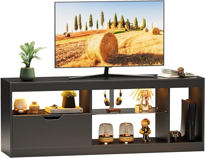 JUMMICO TV Stand, Entertainment Center LED Gaming TV Stand for 65+ Inch TV Carbon Fiber Top, Dynamic RGB Modes TV Cabinet Console with Adjustable Glass Shelves Storage Drawers (Black)