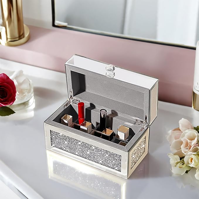 Glass Lipstick Organizer,21 Space Rollerball Perfume Organizer with Lid,Lip Gloss Organizer for Vanity, Crushed Diamond Home Decor