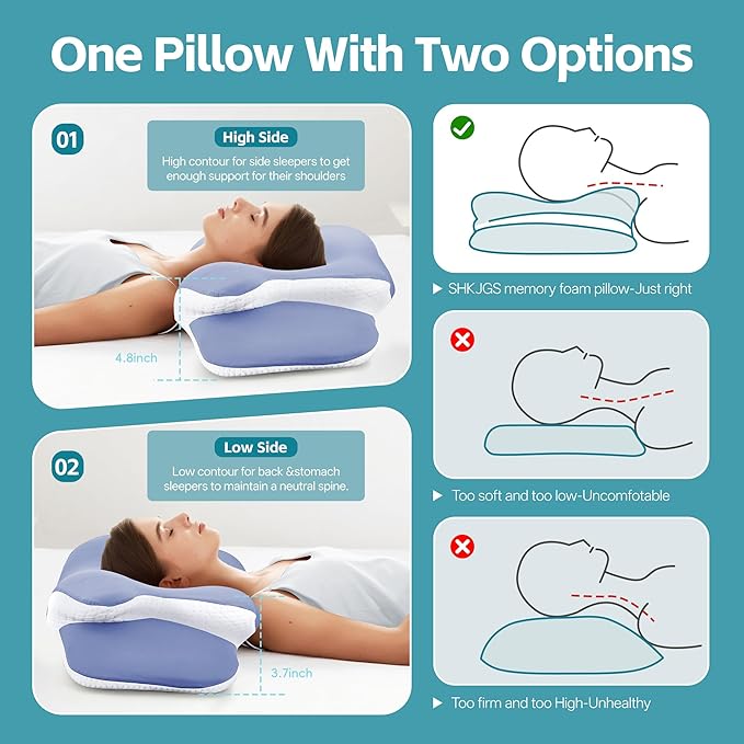 Cervical Neck Pillow for Neck Pain Relief & Support - Cooling Ergonomic Memory Foam Pillow with Dual-Height Contour & Ice Silk Cover for Side, Back, Stomach Sleepers, Blue