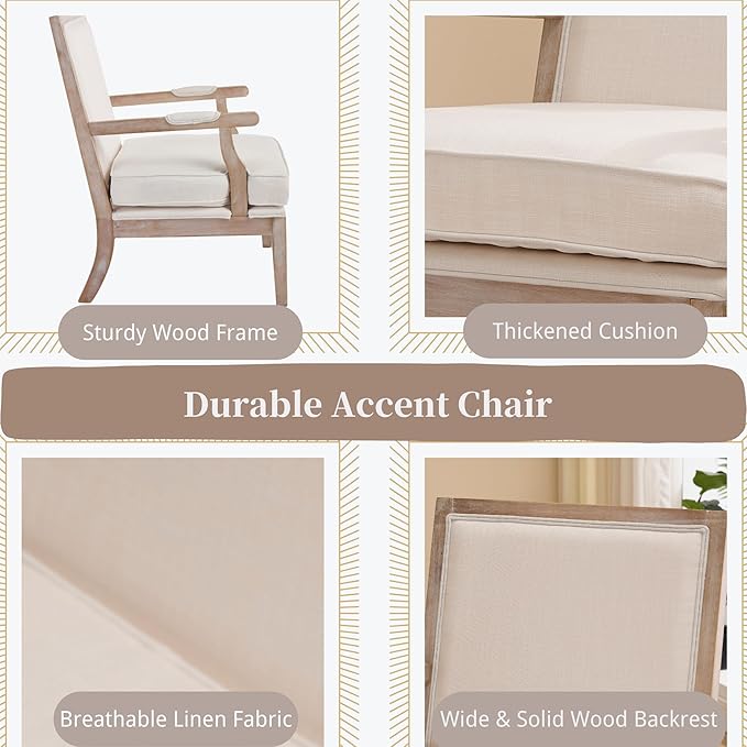 chairus Farmhouse Linen Accent Chair for Living Room, Upholstered Reading Chair with Solid Wood Frame Lounge Arm Chair with High Back for Bedroom, Reception Room, Waiting Room, Beige