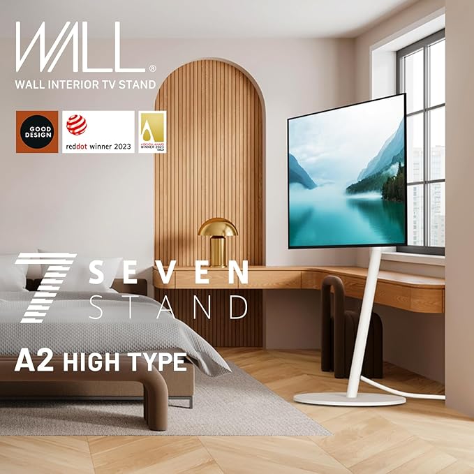 WALL Seven Stand A2 High | Rolling TV Stand for 24–55" w/ 37.4" Soundbar Shelf, 15.75" AV Shelf, HDD Holder, Cord Cover | Satin White | Portable TV Stand with Shelves | Living Room and Bedroom