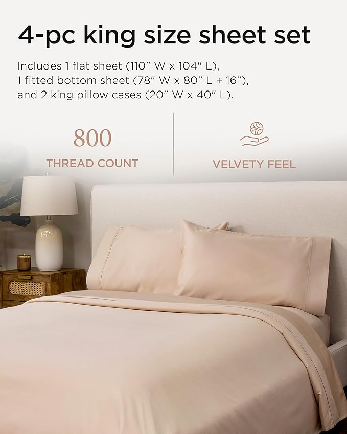 Threadmill Luxury 800 Thread Count King 100% Cotton Sheets - Light Beige Sateen Weave Bed-Sheets, Better Than Egyptian Cotton,4 Pc Solid Soft Bedding Set, Fits 16" Deep Pocket