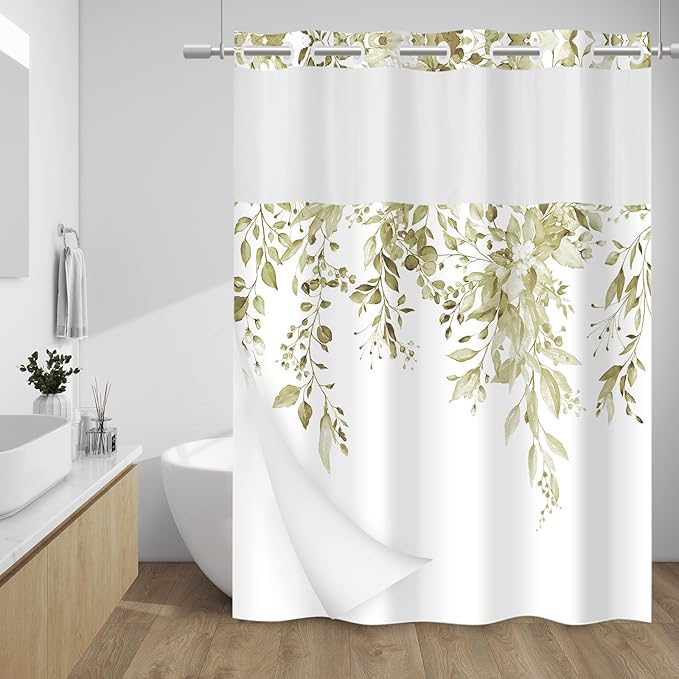No Hook Shower Curtain with Snap in Liner - Eucalyptus Shower Curtain - Washable Waterproof Inner Liner, Plants Beige Leaves Modern Shower Curtains - Machine Washable, 71 x 74