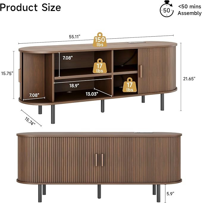 55" TV Stand with Power Outlet for TVs up to 60 Inch, Entertainment Center with Storage and Adjustable Shelves, Modern Media Console with Sliding Doors for Living Room, Walnut