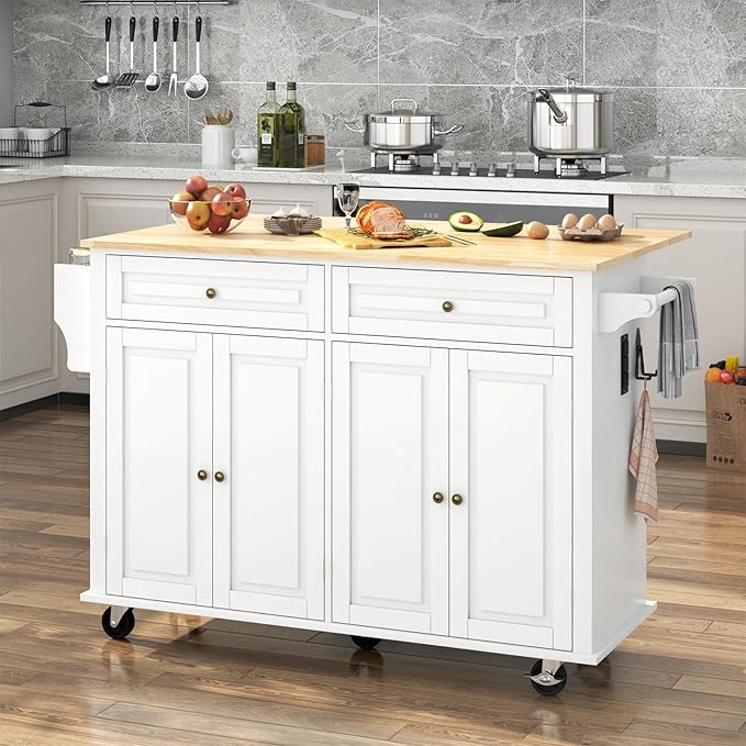 55" Movable Kitchen Island with Drop Leaf and Power Outlet, Rolling Island Cart w/Storage Cabinet, Island Table on Wheels for Kitchen w/2 Drawers, Spice Rack, Towel Bar, Garage Hook, White