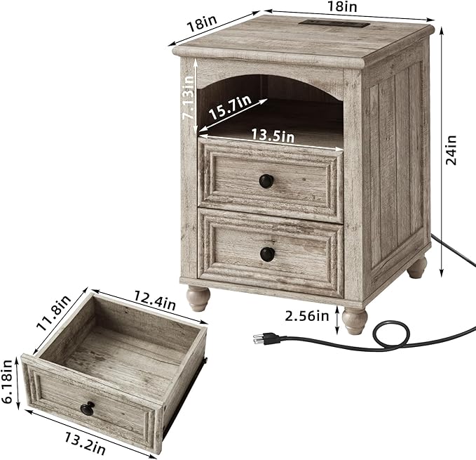 18" Farmhouse Night Stand Set 2 with Charger Station, Grey 2 & 3 Drawers Wood Nightstand, Bedside End Table with Storage and Roman Column, Bed Side Tables Cabinet for Bedroom, Living Room, and Closet