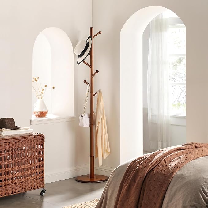 VASAGLE Solid Wood Coat Rack, Free Standing Hall Coat Tree with 7 Hooks, 3 Height Options, for Coats, Hats, Bags, Purses, for Entryway, Hallway, Rubberwood Hooks and Pole, Dark Walnut URCR07WN