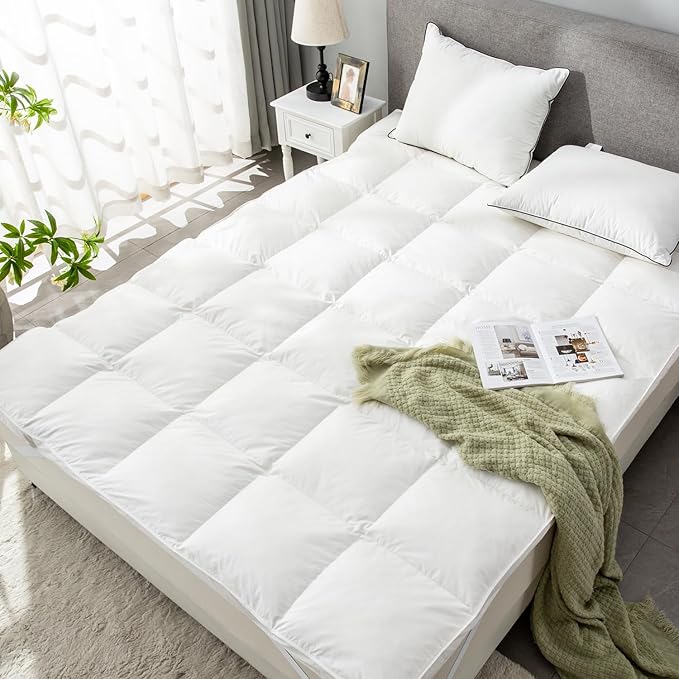 Goose Down Feather Mattress Topper,Queen Down Mattress Protector Cover with Straps,Plush Soft Fluffy Baffled Pillowtop,Hypoallergenic Featherbed Cooling Pad All-Season Luxury(60x80 inch)