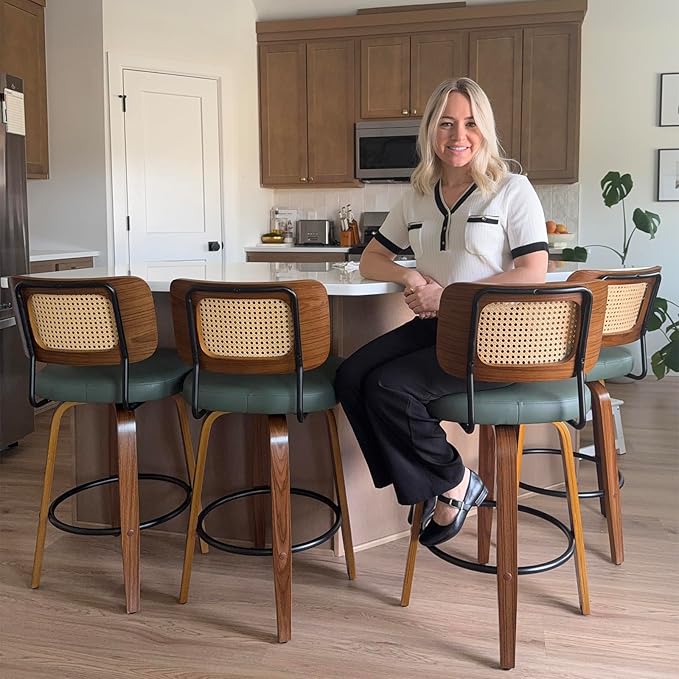 Swivel Counter Height Stools - 26 inch Counter Stools Set of 3 with Curved Rattan Back, Walnut Craftsmanship, Upholstered Seat, Counter Height Bar Stool for Island/Pub/Kitchen (26" Seat Height, Black)