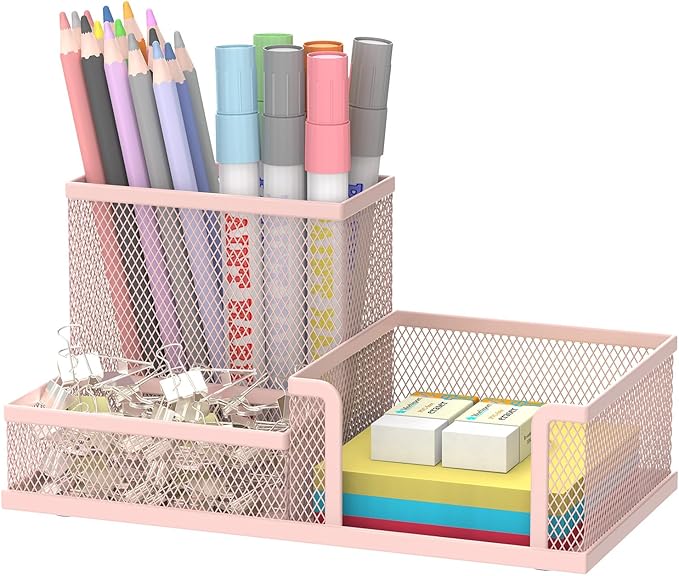 SUPEASY Mesh Pen Holder Desk Organizer, Office Supplies Pencil Storage with 3 Compartments, Office Desk Accessories and Workspace Organizers for Home School, Pink